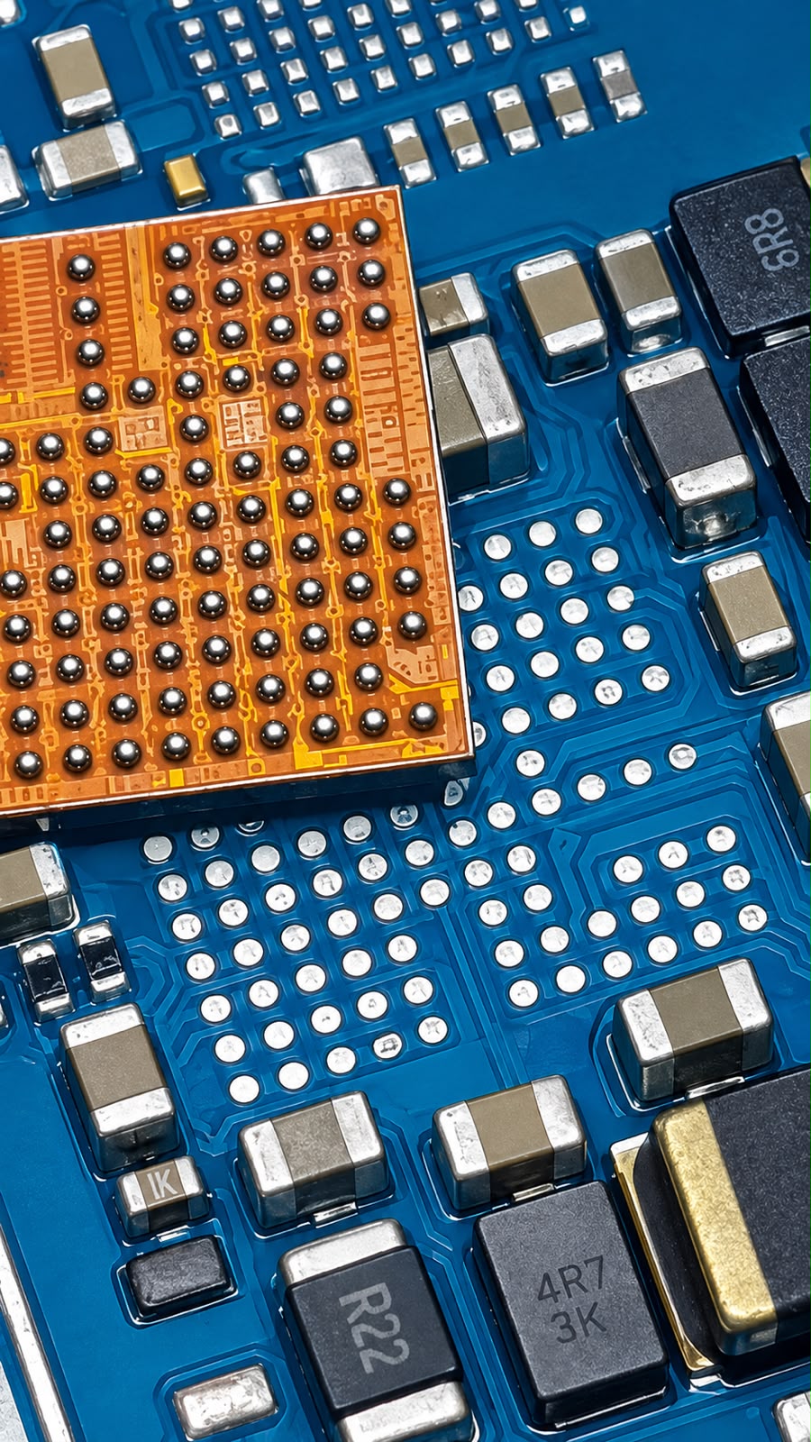 Detalle macro de una placa de celular con chip BGA, visto durante la capacitación